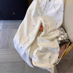 小碎花刺绣白色牛仔裤女2025新款设计感卷边直筒裤阔腿小众拖地裤