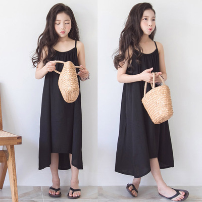 2021 summer Korean Edition Large girl braces skirt Princess Dress black Dress Thin section pure cotton children skirt