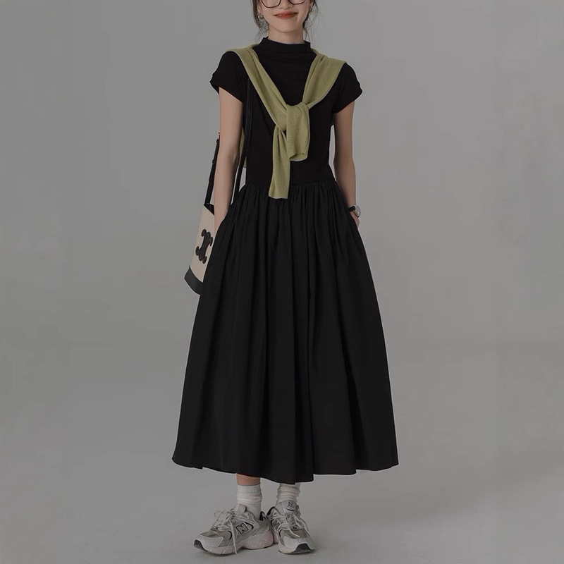 黒のドレスフレンチレトロ気質チュチュスカートAラインスカート女性通勤ハイウエスト半袖ニットスリムロングスカート|undefined