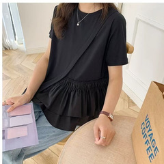 小衆のデザインは甘くて、層のしわのハスの葉の辺はa字のゆったりしている丸首の半袖の子供のシャツのtシャツの女性の夏をつなぎ合わせます。