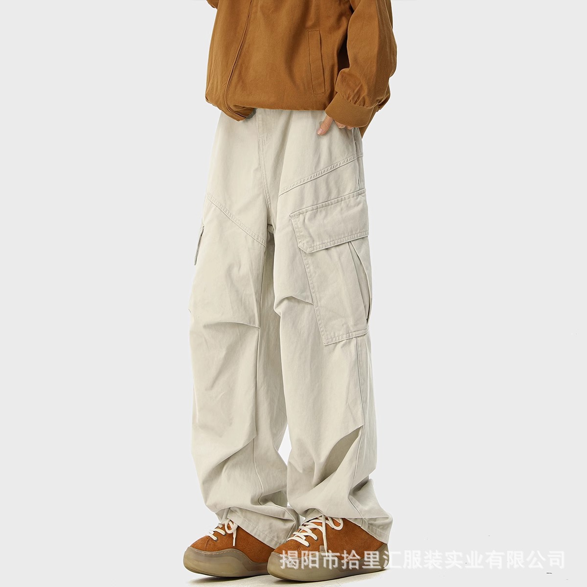 American Style Retro Large Pocket Stitching Overalls Men's Spring and Autumn Casual Loose High Street Paratroopers Straight Wide Leg Pants