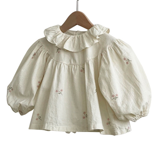 2024 Korean children's clothing spring baby lotus leaf lapel embroidered baby doll shirt baby girl spring and autumn shirt girl's shirt