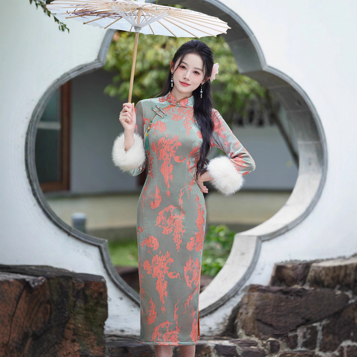 秋冬款丝绒超柔提花新款复古长款气质清新甜美新中式国风女装旗袍