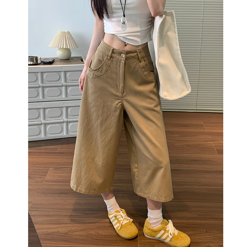 Khaki cropped pants for women, summer thin style, petite casual straight-leg thin denim cotton-linen spring-autumn wide-leg pants