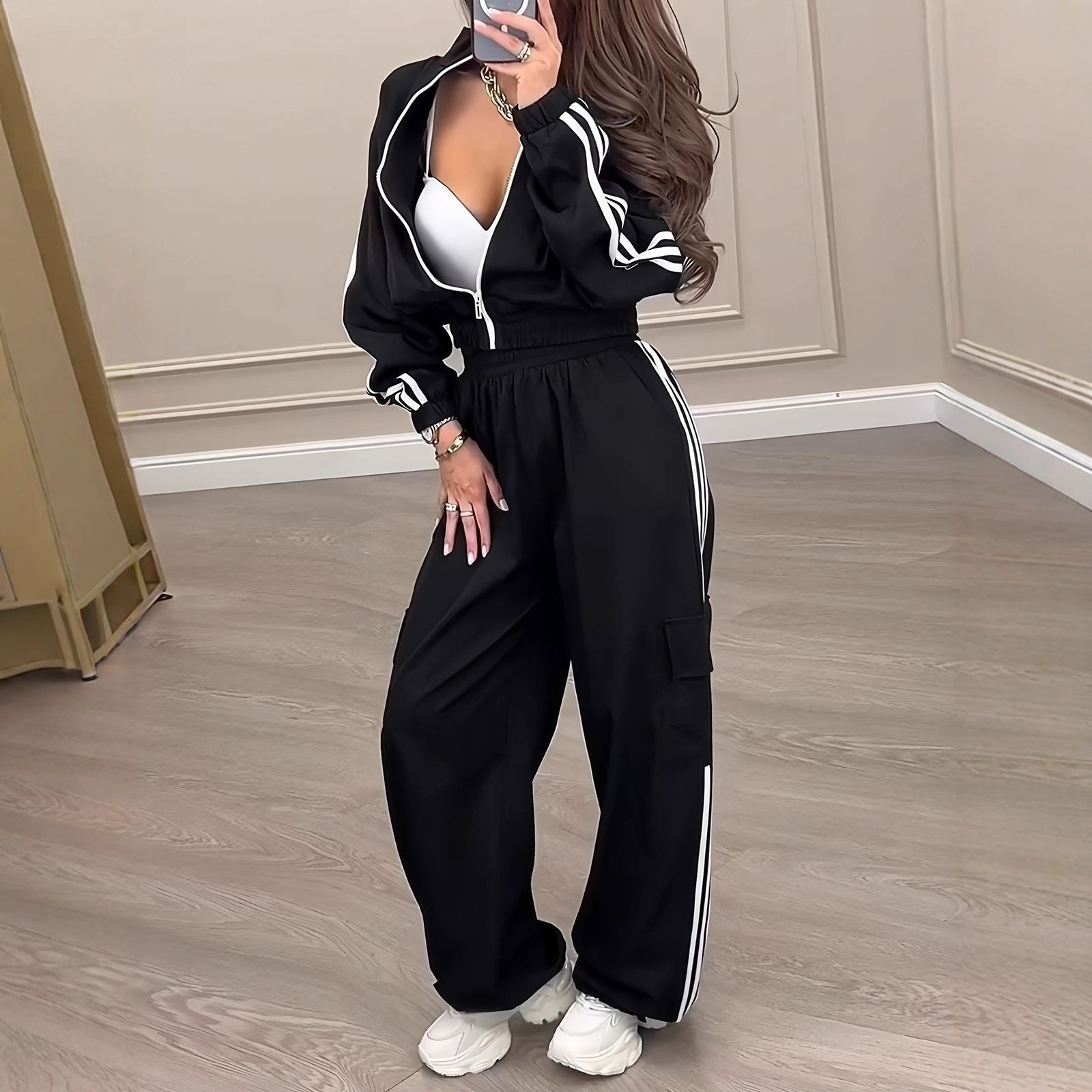 2025 Autumn and Winter Long-Sleeved Jacket Style Elegant Women's Striped Fashion Sports Casual Pants Suit Casual Suit