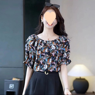 Fashionable High-End Floral Blouse with One-Shoulder Elastic Neckline Top 2024 Small Fresh Chiffon Belly-Covering Chiffon Blouse