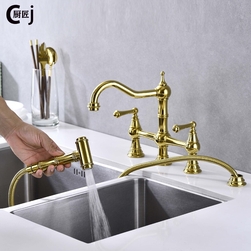 Cross-Border Exclusive Supply of All-Copper British-Style European Retro Kitchen Hot and Cold Water Faucet with Four Holes, Rotatable Sink Faucet with Spray