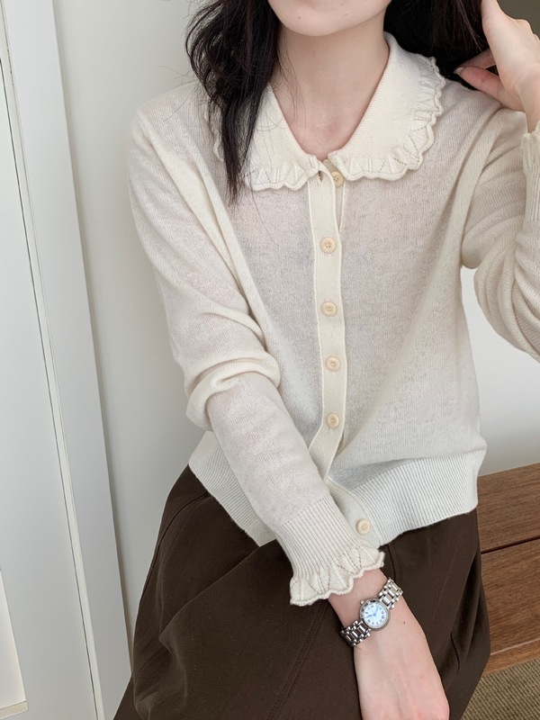 之言25秋冬女款全羊毛韩系甜美风百搭娃娃领100羊毛针织开衫毛衣|undefined