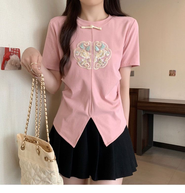 2024 Summer Embroidered Split Short Sleeve Design T-shirt New Chinese style High end Bottom Top_voghion.com