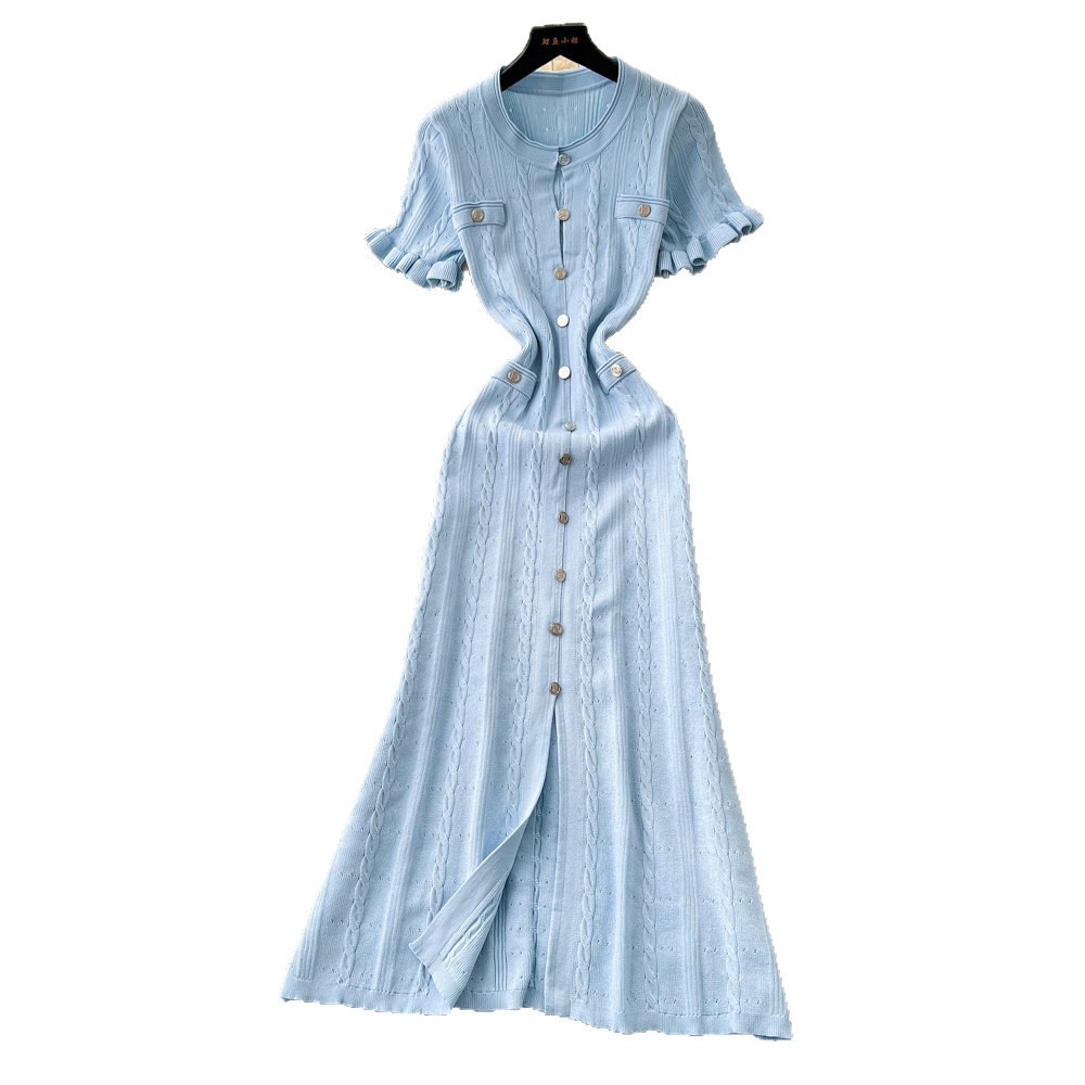 Women's Clothing Elegant Knit Tweed Dress With Front Buttons And Short Sleeves For Women_ecoleips.com