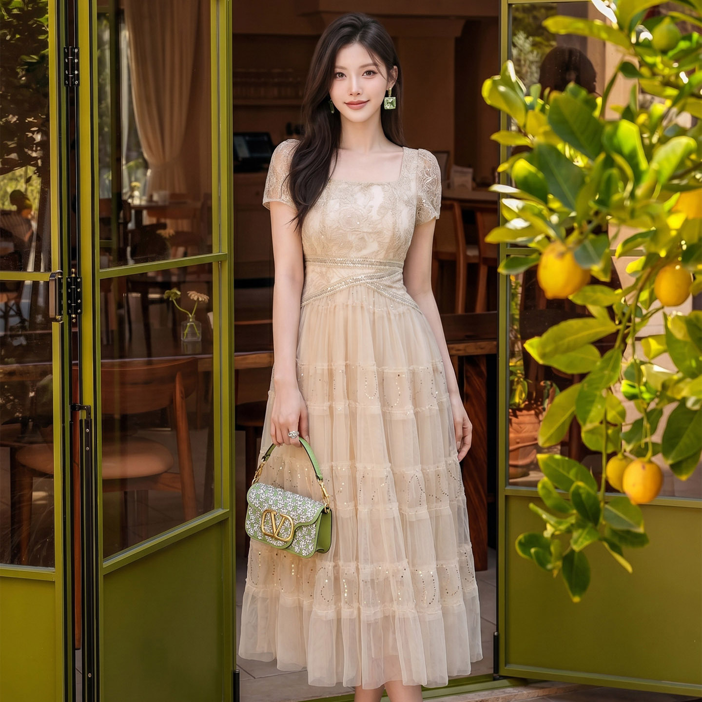 Đầm ren maxi tay ngắn cổ vuông, phối sequin lưới, xòe bồng tầng, phong cách tiên nữ mùa hè — Màu thịt chi tiết 1