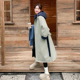 实拍卡其色拼接连帽工装派克服女中长款冬季加厚外套巨好看风衣羽