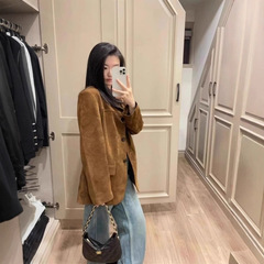 美拉德复古棕色皮衣外套女秋季2025新款感宽松麂皮绒西装上衣