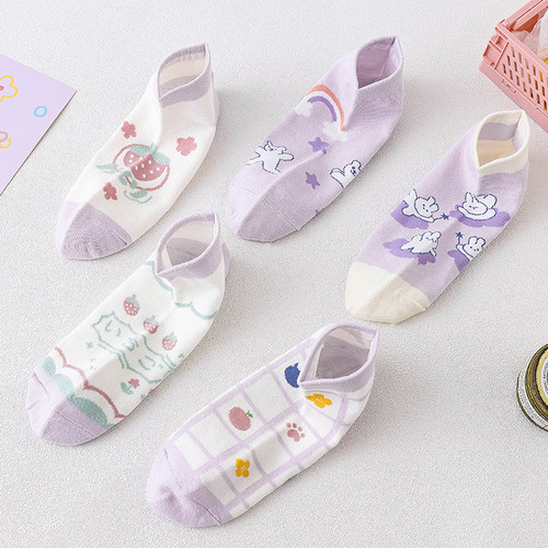  New Women's Spring and Summer Thin Cotton Ship Socks, Fresh Purple Breathable Low Top Short Socks, Japanese and Korean Women's Socks