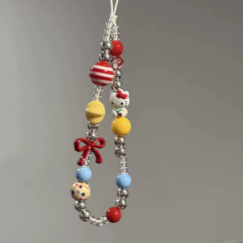Colorful polka dot beaded Hello Kitty phone chain, cute bow pendant, girly bag charm, CCD