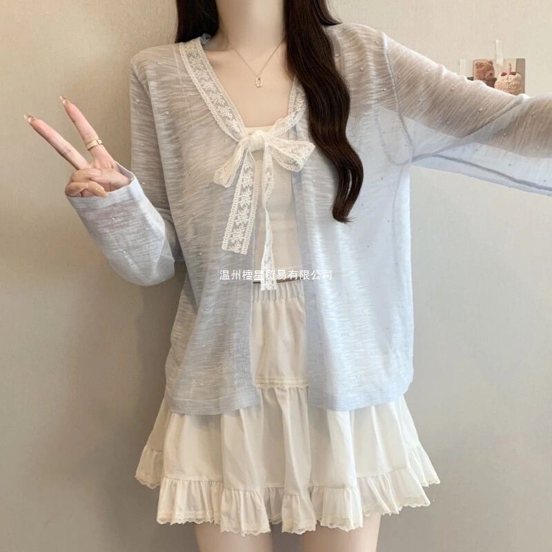 Trendy Lace Bow Tie Long-Sleeve Cardigan for Women, Summer Plus-Size Versatile Sun-Protective Knit Top