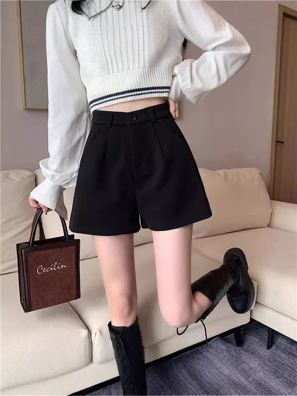 大码毛呢短裤女秋冬新款字休闲阔腿裤斤胖妹妹外穿靴裤显腿长黑色|undefined