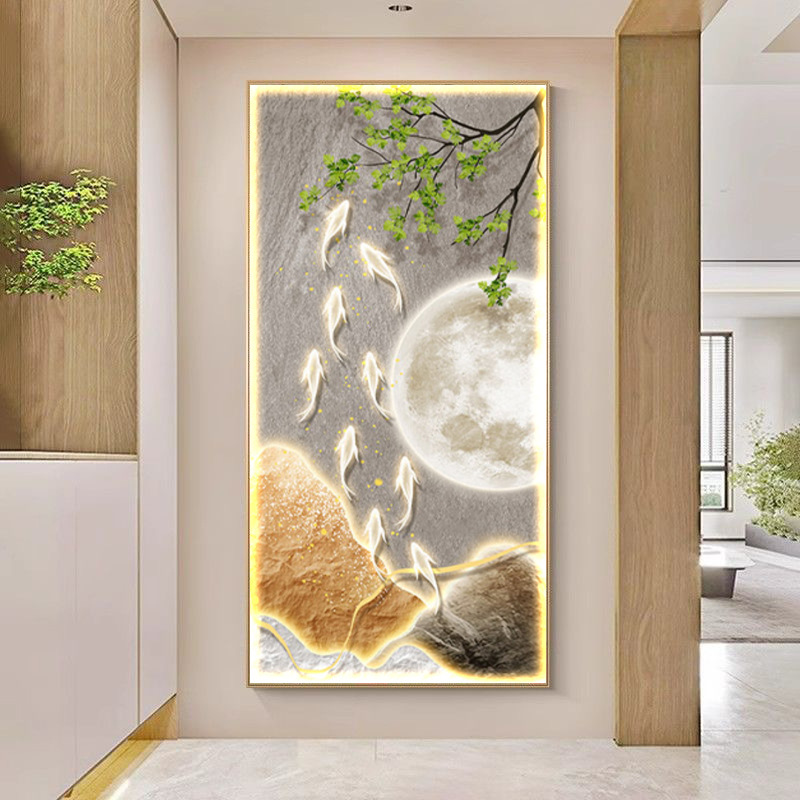 现代简约玄关装饰画侘寂风客厅九鱼发光灯画茶室挂画走廊过道壁画|undefined