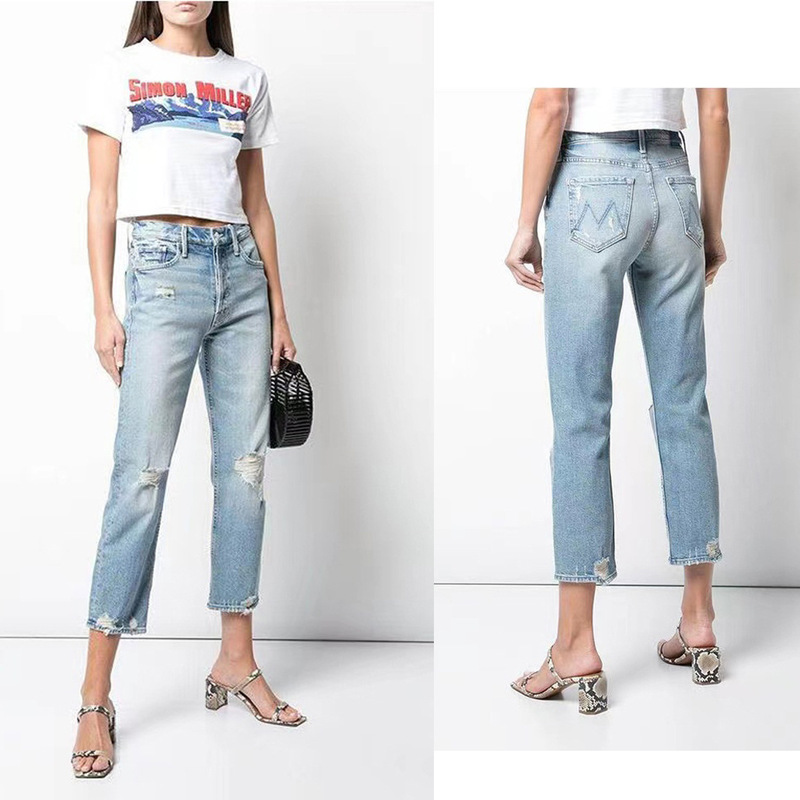 2024 Early Spring New European and American Mo Same Style High Waist Light Blue Low Elastic Ripped Nostalgic Nine-Point Jeans for Women