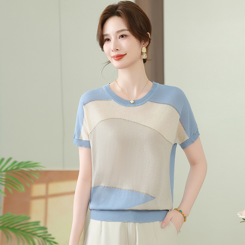 妈妈夏装2025新款短袖T恤高档冰丝小衫中老年人女夏季洋气上衣服，女装T恤，妃慕昵服饰