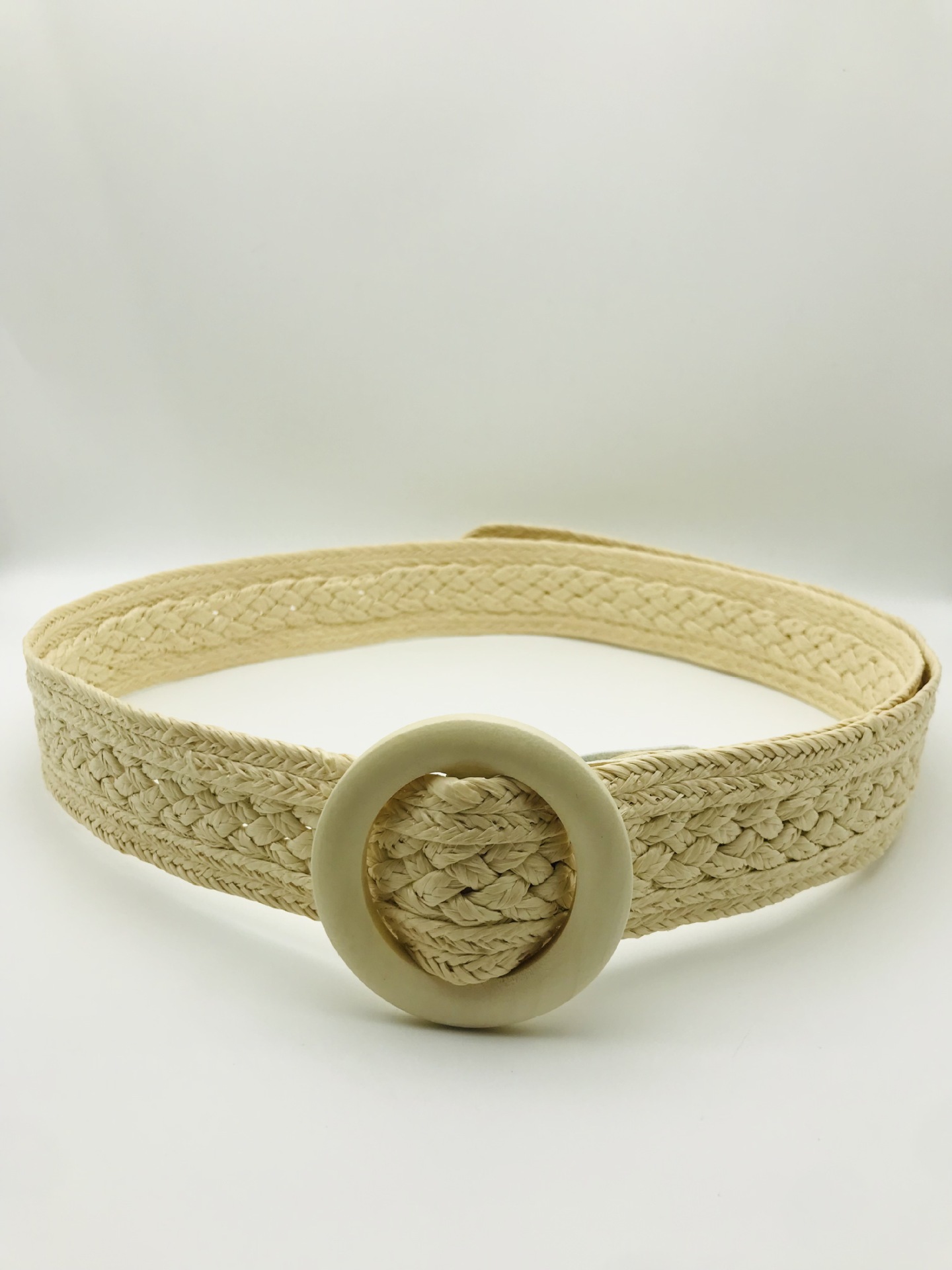 New PP Women's With Round Wooden Buckle, Vintage Versatile Vacation Imitation Straw Woven Cotton Linen Elastic Wide_voghion.com