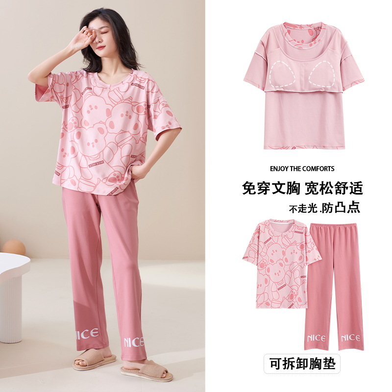Pijamas de algodón de las mujeres de dibujos animados estilo lindo con almohadilla en el pecho pantalones de manga corta traje ropa de abrigo suelta ropa de mujer