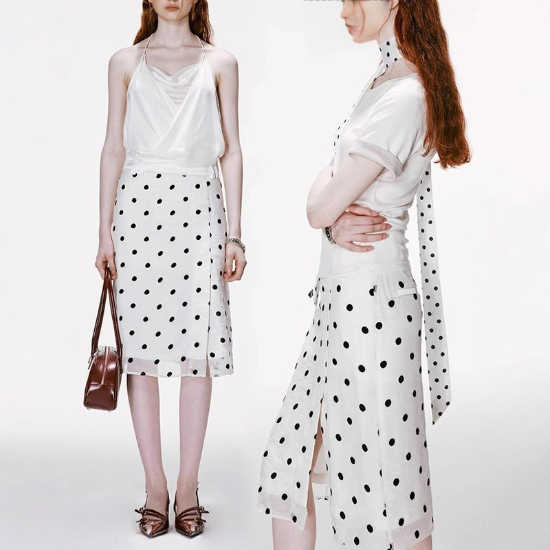 Same Style Fn Clean Explain Acetate Lace Polka Dot Skirt for Women, Retro Versatile Skirt