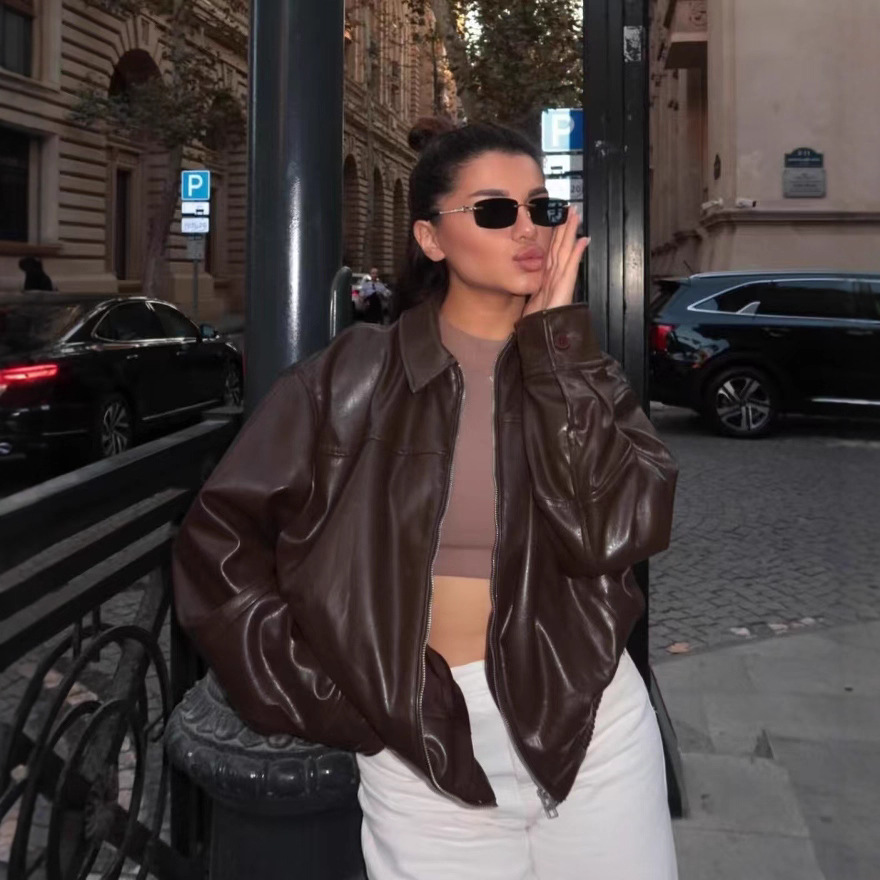 European and American Clothing Wholesale 2025 Spring New Casual Texture Bomber Jacket Loose Version Women's Leather Jacket