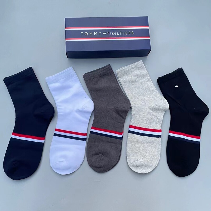 Tommy boxed men's mid-calf socks, simple solid color black, white, gray cotton socks, casual business socks, wholesale, thin style