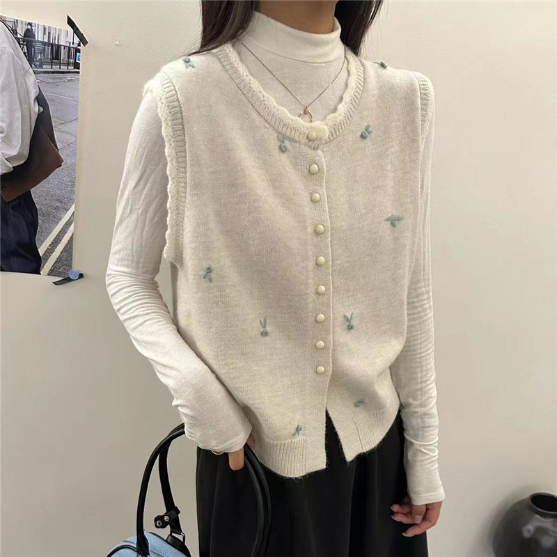 小香风刺绣针织马甲女秋季新款宽松减龄叠穿无袖毛衣开衫背心坎肩|undefined