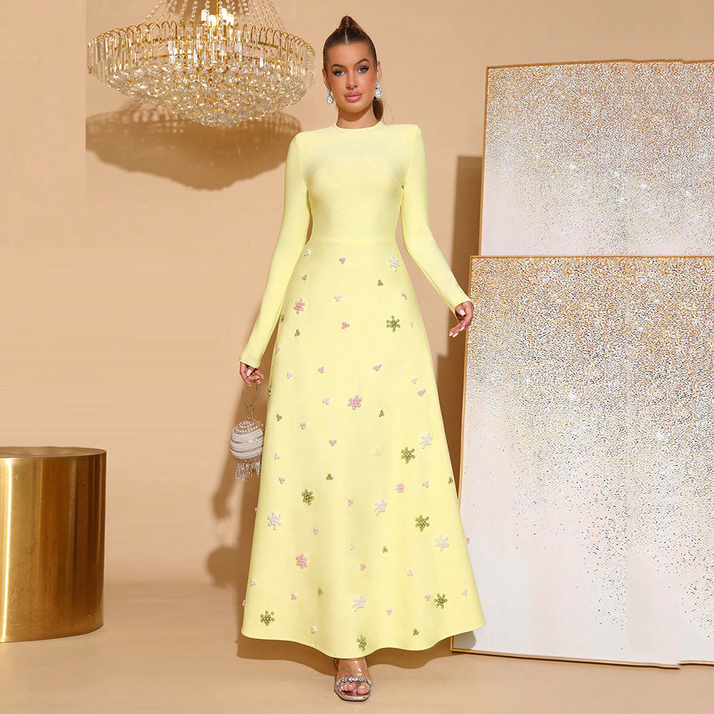 European and American Autumn and Winter New Elegant Beaded High-Waisted A-Line French Dress with Bandage Yellow Temperament Long-Sleeved Long Dress for Women