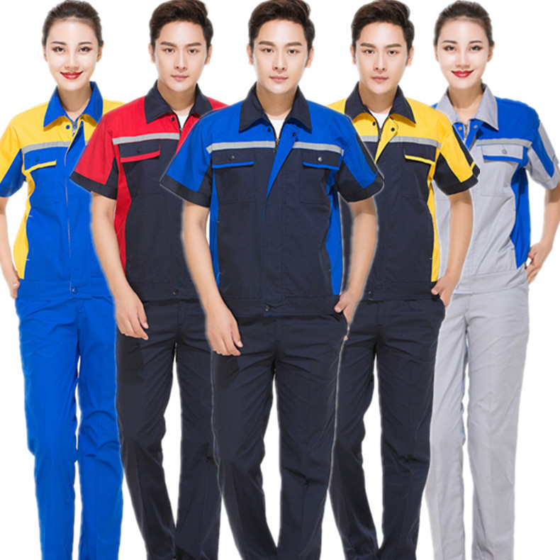 Summer short-sleeved overalls suit men's and women's auto repair clothing factory workshop reflective strip worker auto repair top labor insurance clothing