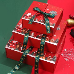 現物の赤いクリスマスはギフトボックスを開けて蝶結びのギフトボックスを持っています。