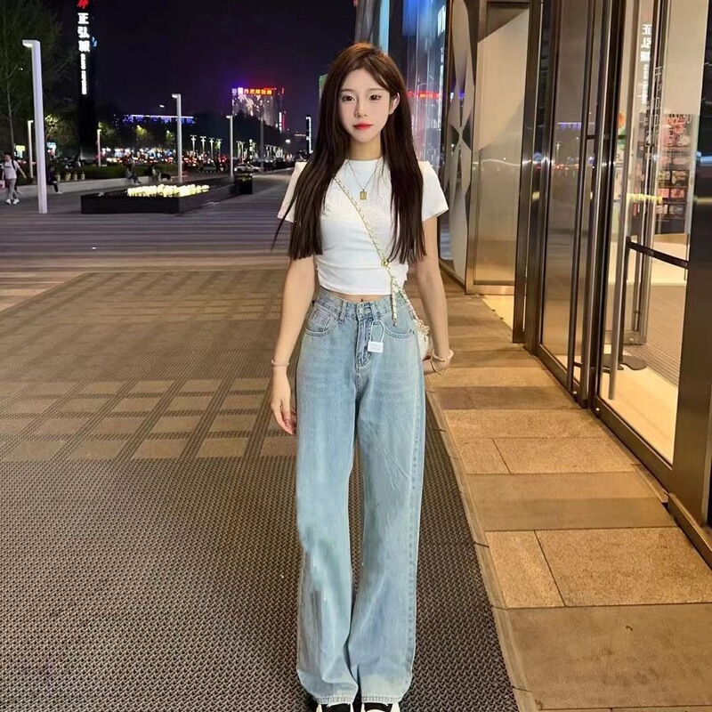Summer Trendy Women's Pants: New Pleated Slim-Fit Short-Sleeve T-Shirt + High-Waisted Straight-Leg Wide-Leg Jeans