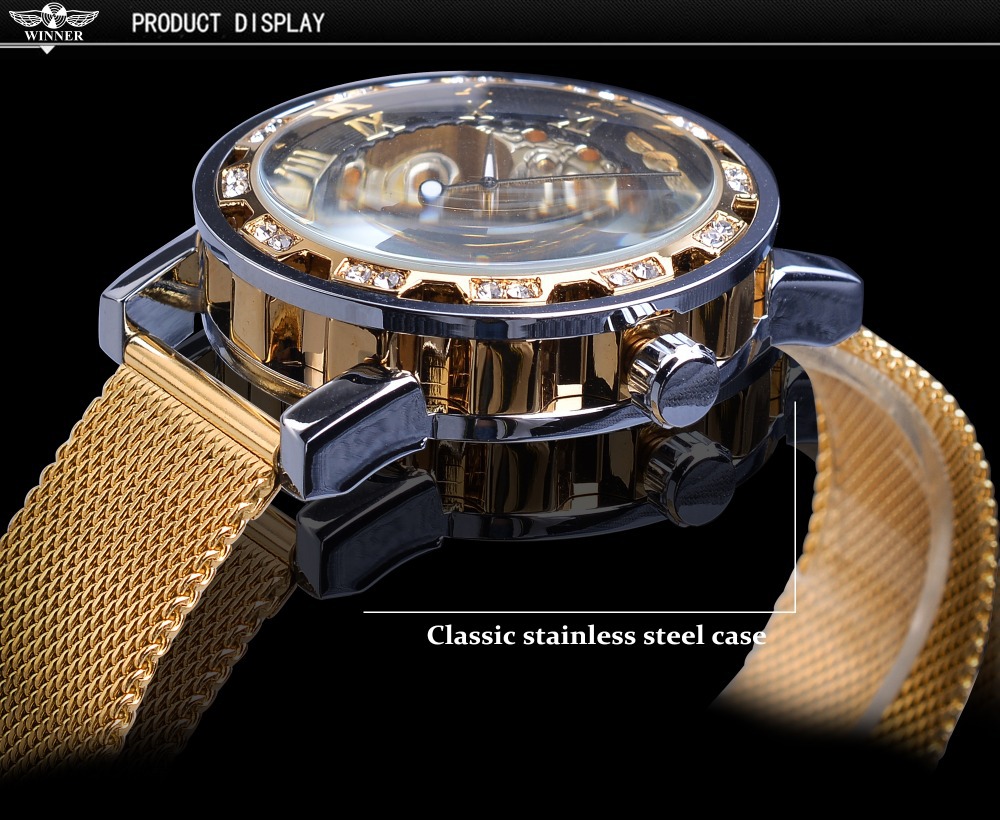 Vinnare Manual Mechanical Watch Herrs populära Rhinestone Hollow Mesh Band Watch Mode och fritid_voghion.com