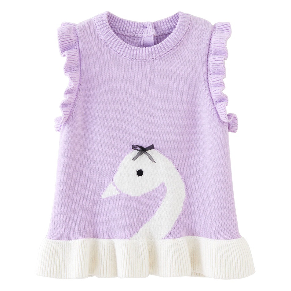 Cuello redondo Chaleco de punto de algodón puro Cisne jacquard suéter de las niñas chaleco falda de lana del todo fósforo superior al por mayor