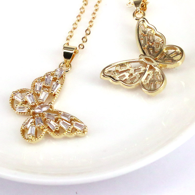 Simple Copper Gold Plated Ladder Cubic Zirconia Butterfly Pendant Necklace Wholesale display picture 2