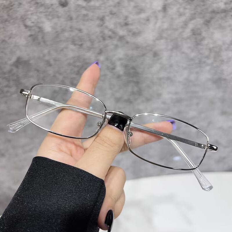 長方形の小さなフレーム、個性的なデザイン、度付き近視眼鏡フレーム、女性用、上品でエレガントな雰囲気、シルバーのレンズフレーム|undefined