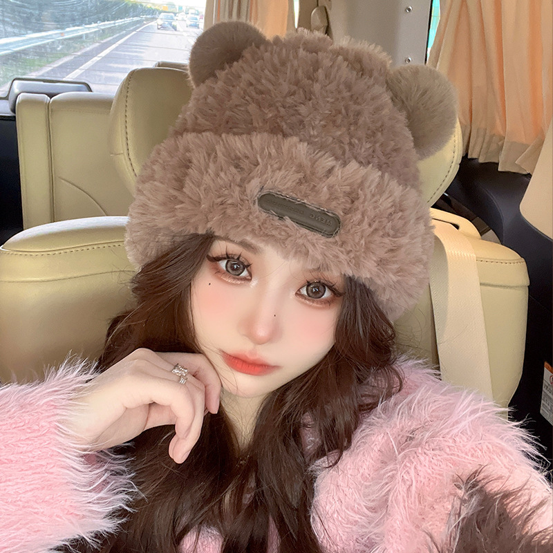 Winter cute bear plush hat fisherman female Net red same style wholesale winter warm earmuffs all-match knitted