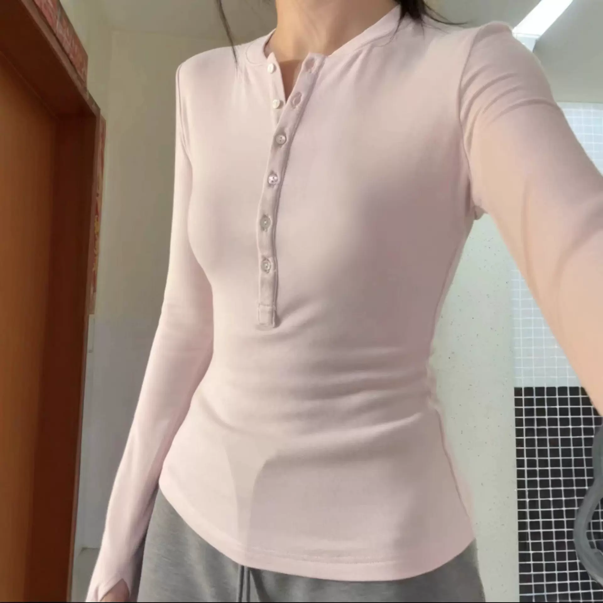 修身上衣女款收腰亨利打底衫2025新款粉色长袖内搭韩系减龄T恤薄