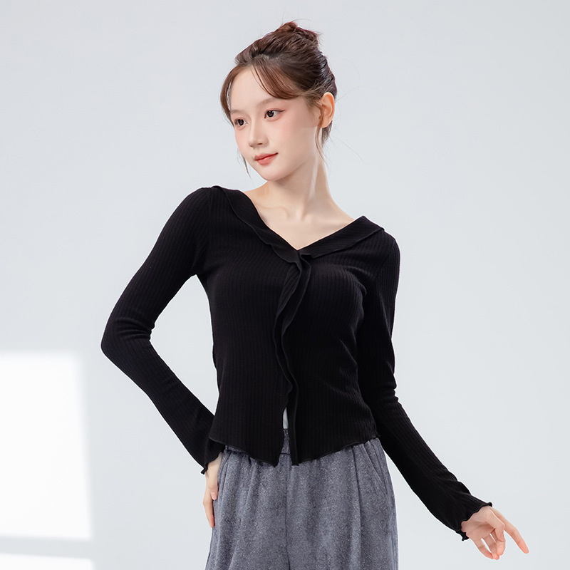现代舞蹈服女新款修身长袖v领练功服波浪边演出上衣古典舞形体服|undefined