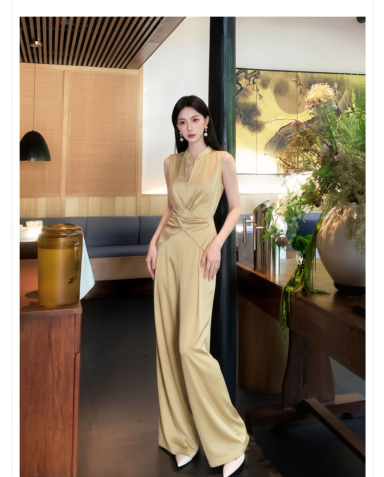 Bộ áo không tay phối quần ống cao cạp cao nữ hai mảnh — Áo màu kaki, Bộ đồ màu kaki, Quần kaki chi tiết 4