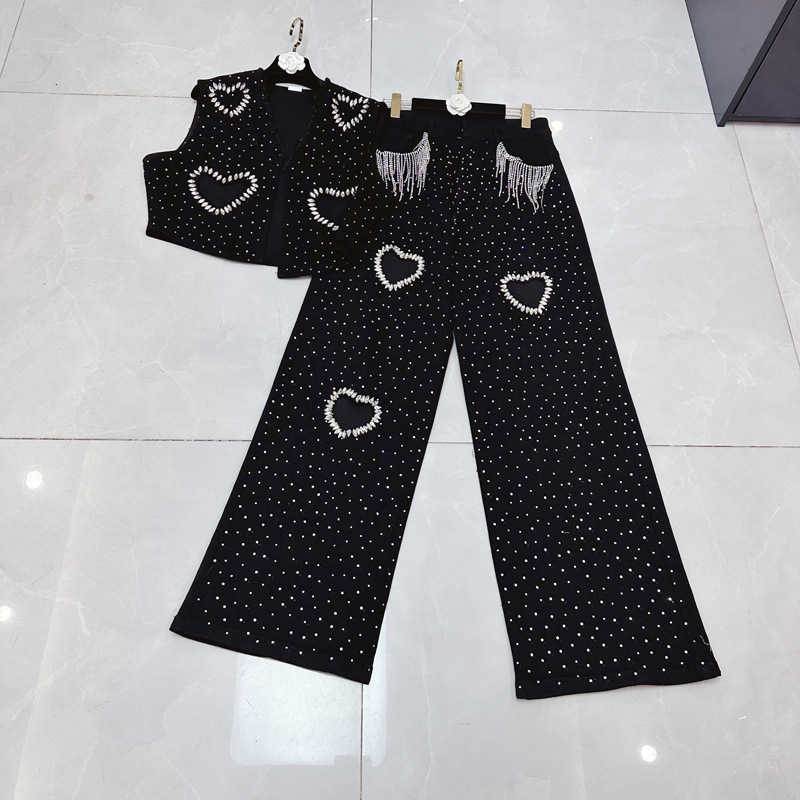 Europe and the United States cross-border thirteen lines of hot drilling feeling love jeans vest suit straight casual pants heavy