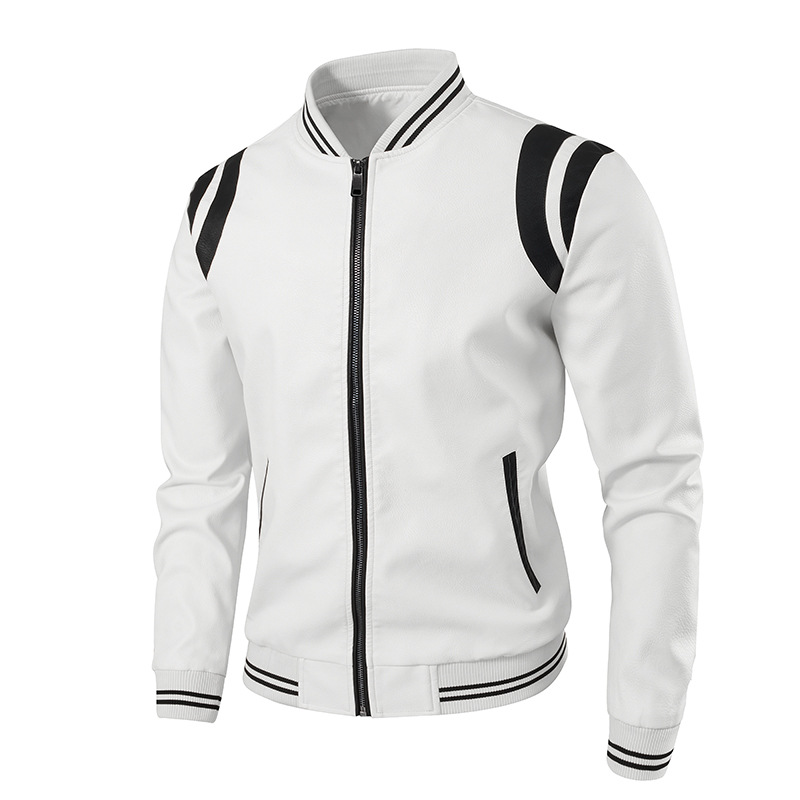 Men’s Fashion PU Leather Jacket – Slim Fit Biker Style Coat With Stand Collar & Contrast Stitching (S-3XL, Black/White, Lightweight & Breathable)_voghion.com