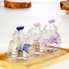 家庭用透明ガラス蝶付き蜂蜜缶蓋付きガラス攪拌棒蜂蜜瓶クリエイティブガラス透明缶