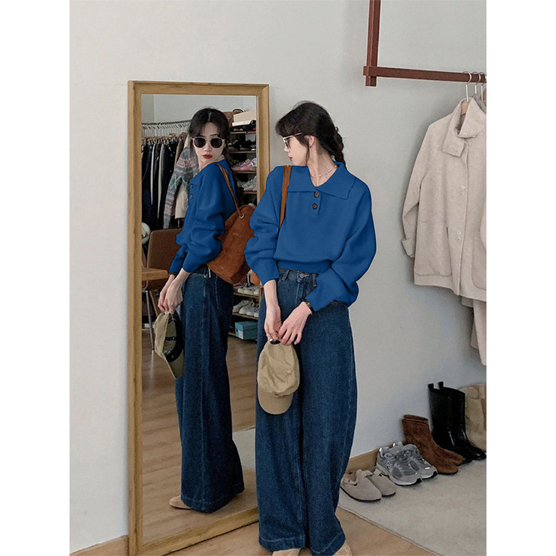 High-end blue lapel long sleeve knitted bottoming shirt women's autumn and winter loose short sweater inner elegant small top