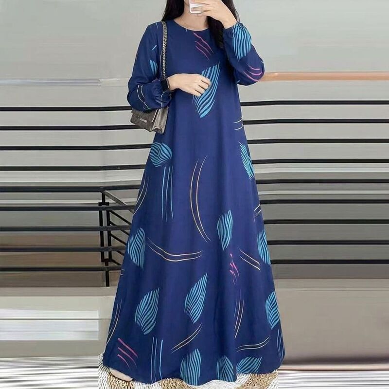 In-stock cross-border new model printed Malay dress, full-sleeve round-neck long robe dress, factory wholesale In-stock cross-border new model printed Malay dress, full-sleeve round-neck long robe dress, factory wholesale