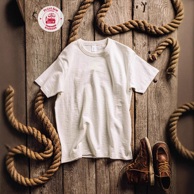 PrintAce Vintage Kaji retro old loom tube woven cotton slub yarn roll collar short sleeve T6205