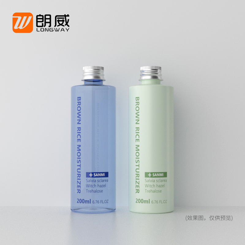 200ml de hombro plano de oro plata botella de tapa de aluminio botella de plástico cosmético sub-embalaje puro botella de rocío botella de tapa de aluminio para mascotas