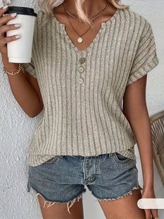 Solid Color Casual Stripesd V Neck T-Shirt for Women, Directional Style